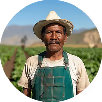 Portrait of a male farmer wearing a straw hat and green apron in a field with crops and mountains in the background.
