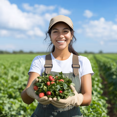 Smiling woman in gardening gloves holding fresh strawberries and leaves in a green field under a blue sky.