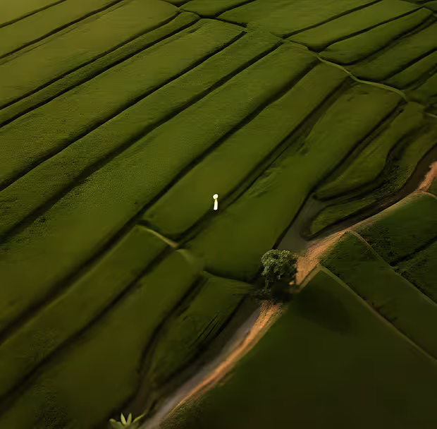 Aerial view of lush green rice terraces with narrow canals and a single tree casting a shadow along a dirt path.