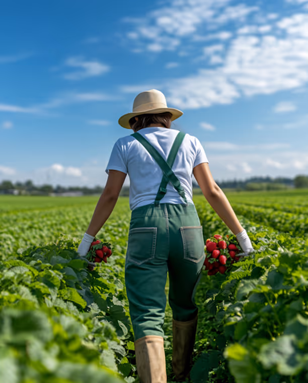 Person wearing a hat, white shirt, and green overalls harvesting ripe strawberries in a green field under a blue sky.