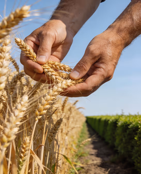 Hands gently holding and inspecting ripe golden wheat heads in a field under clear blue sky.