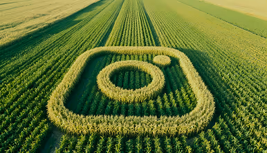 Aerial view of a green crop field shaped into the Instagram logo.