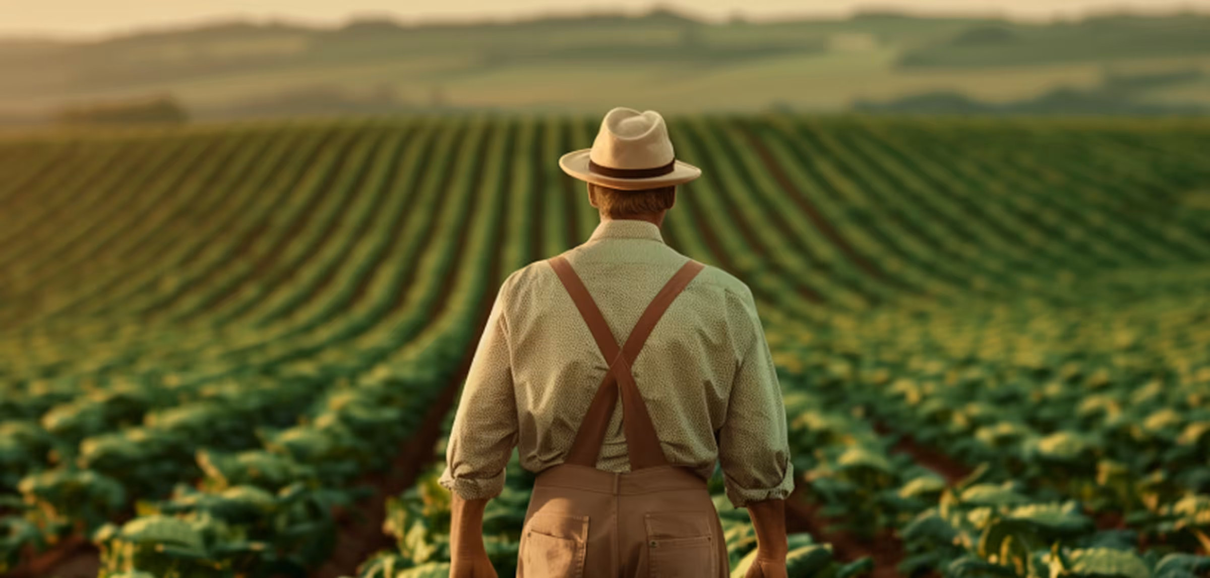 Farmer wearing a hat and suspenders walking through a large green crop field at sunset.
