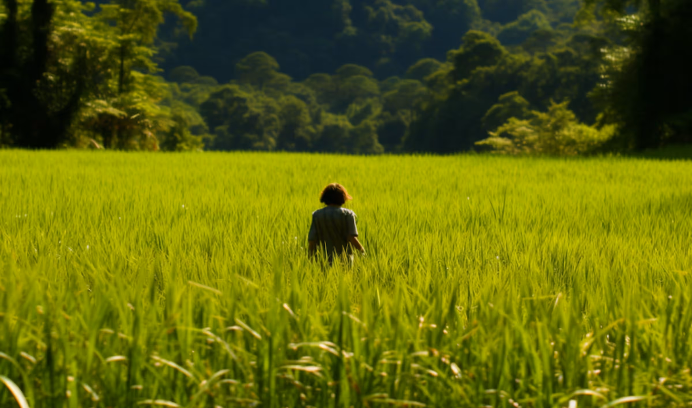 Person with short hair walking through a vibrant green field with dense trees in the background.