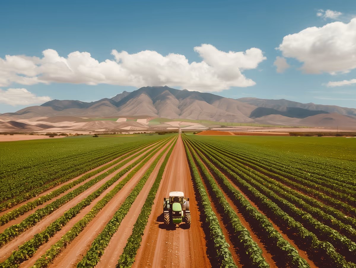 A green tractor driving on a dirt path through rows of crops in a large farmland with mountains and a partly cloudy sky in the background.