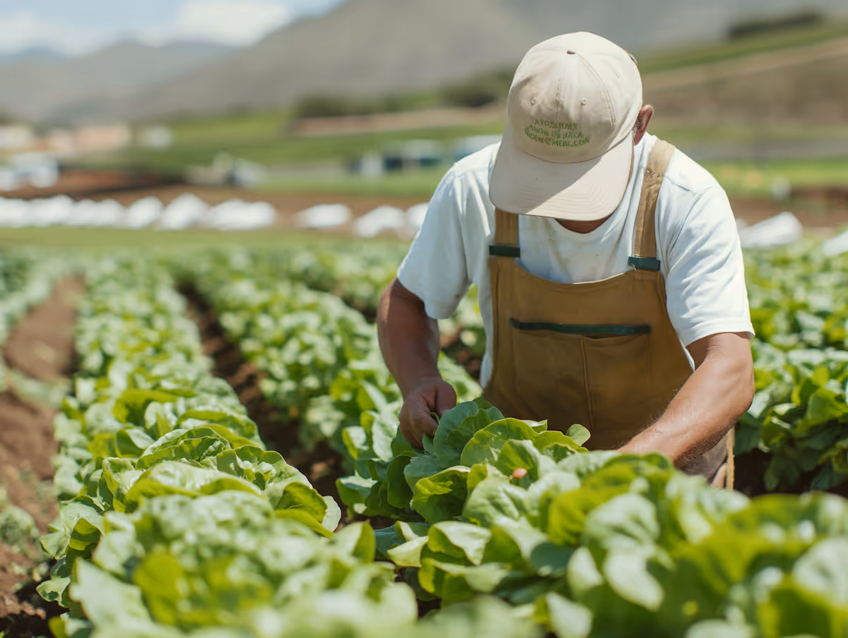 Farmer in overalls and cap tending to rows of green lettuce in a field.