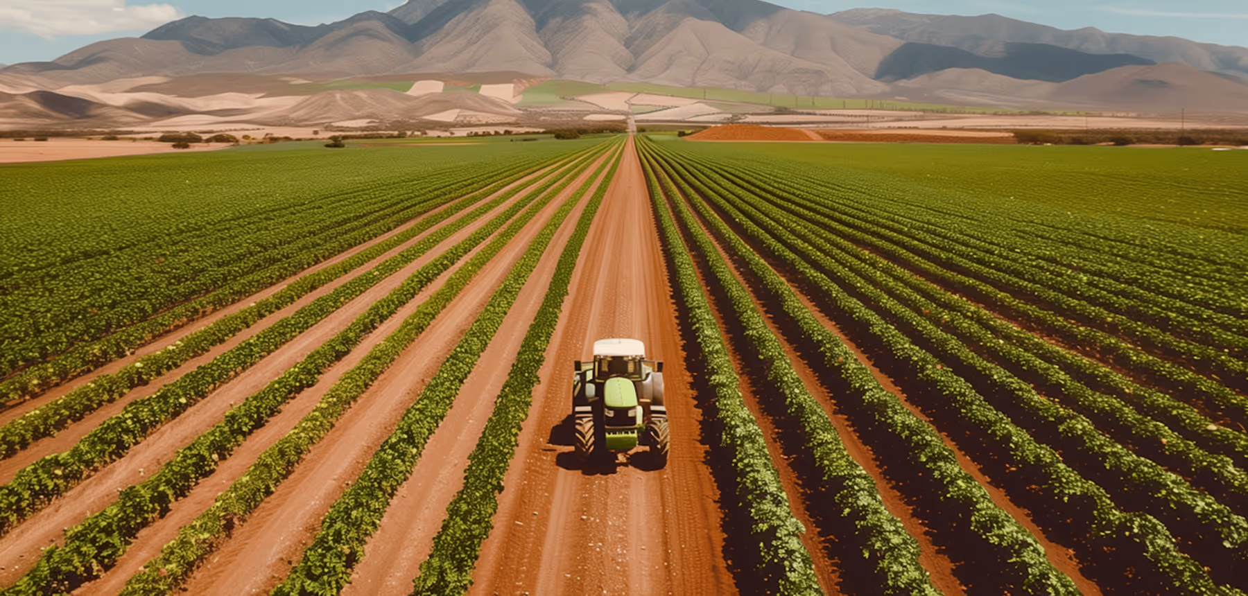 Tractor driving down a dirt path between symmetrical rows of green crops with mountains in the background under a partly cloudy sky.
