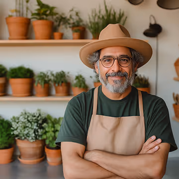 Smiling man with glasses and a hat wearing an apron standing with arms crossed in a plant nursery with potted plants in the background.