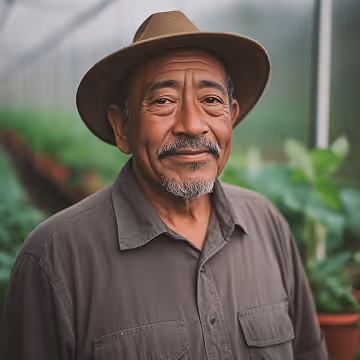Elderly man with a gray beard wearing a brown hat and shirt, standing in a greenhouse with green plants in the background.