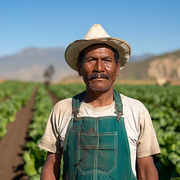 Middle-aged farmer wearing a hat and green overalls standing in a leafy green field with mountains in the background.