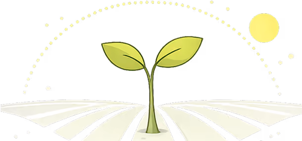 Illustration of a small green plant with two leaves growing from white soil under a yellow sun.