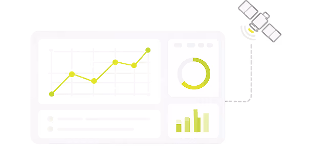 Digital dashboard with line, pie, and bar charts linked to a satellite for data transmission.