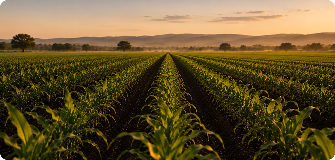 Rows of young green corn plants in a field at sunset with trees and mountains in the distance.