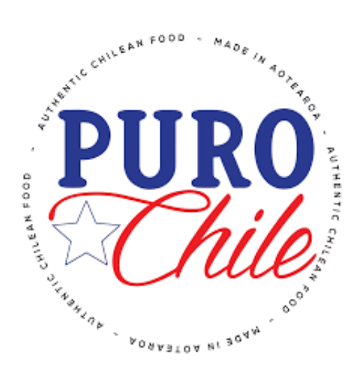 Circular logo with the text 'PURO Chile' in blue and red, featuring a blue star and surrounding text about authentic Chilean food made in Australia.