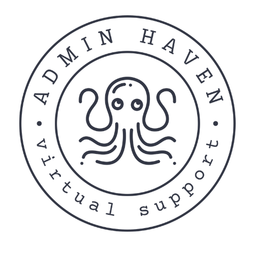 Logo featuring a cute octopus with text ADMIN HAVEN and virtual support around it.