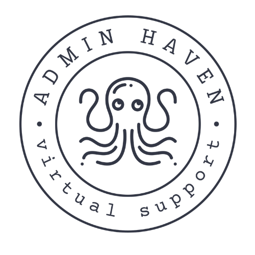 Logo with an octopus illustration surrounded by text 'ADMIN HAVEN virtual support' in a circular emblem.