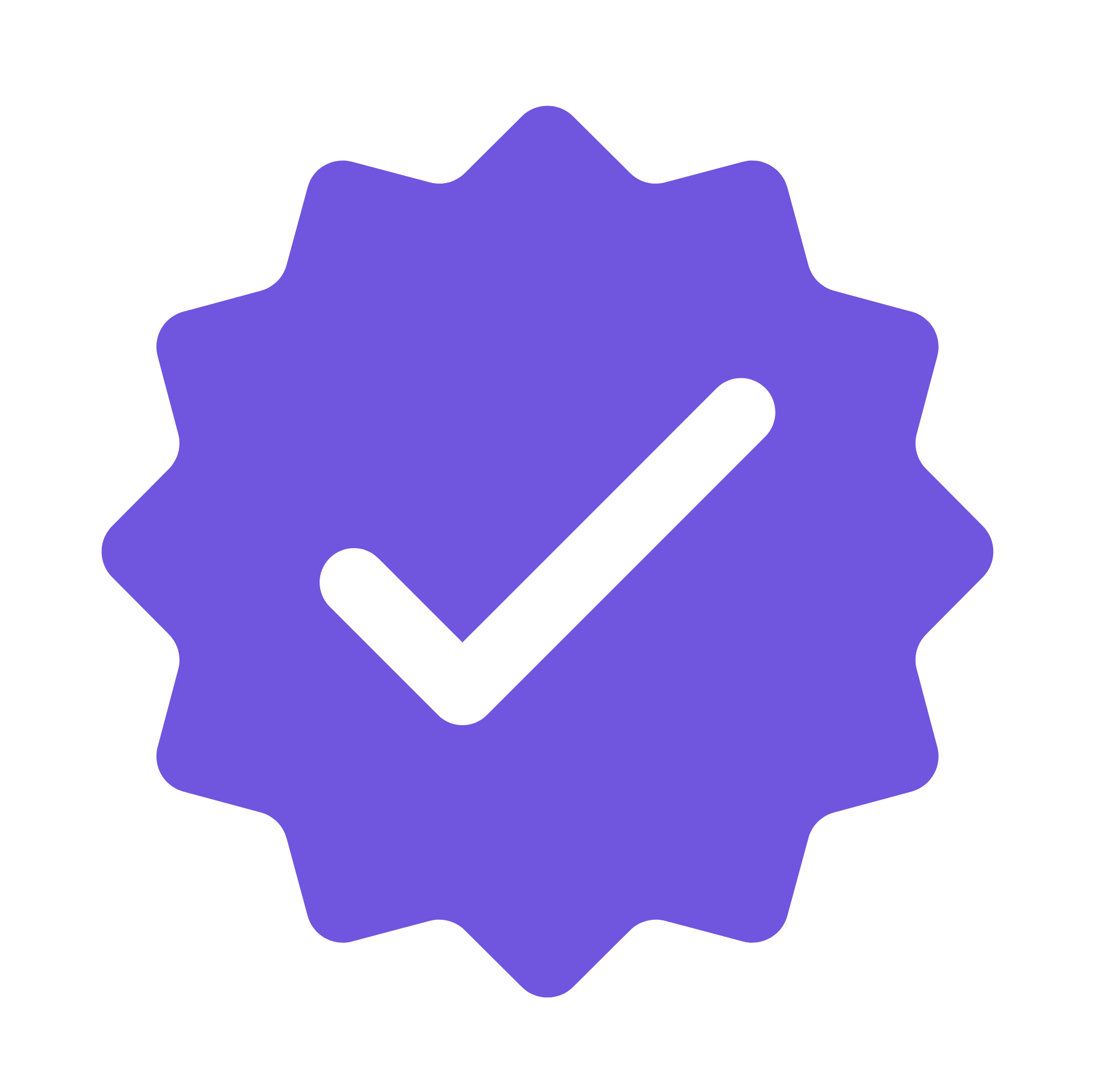 White check mark inside a purple starburst shape on black background.