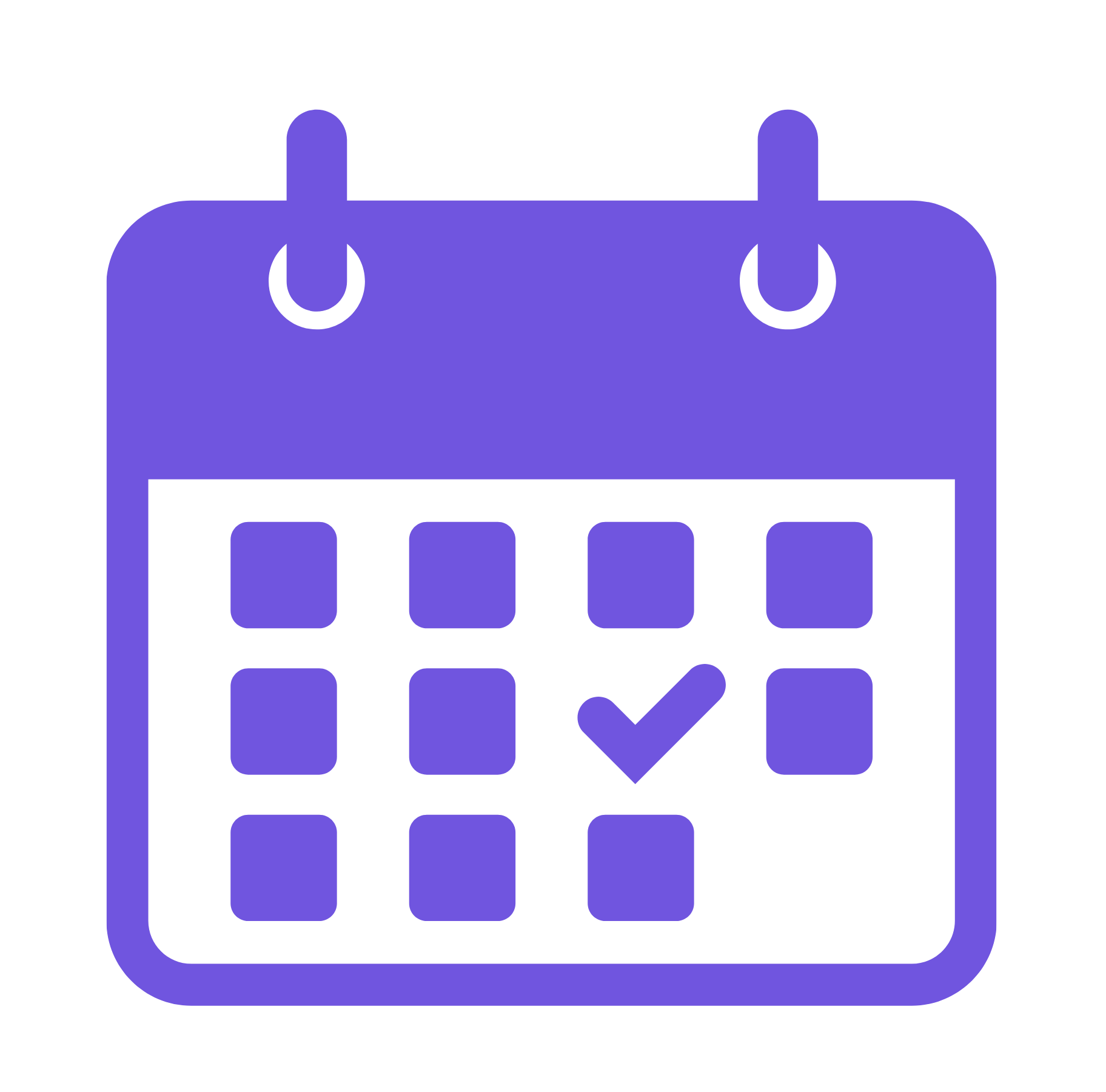 Purple calendar icon with a checkmark on one date to indicate a scheduled event.