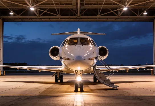 Front view of a private jet with boarding stairs