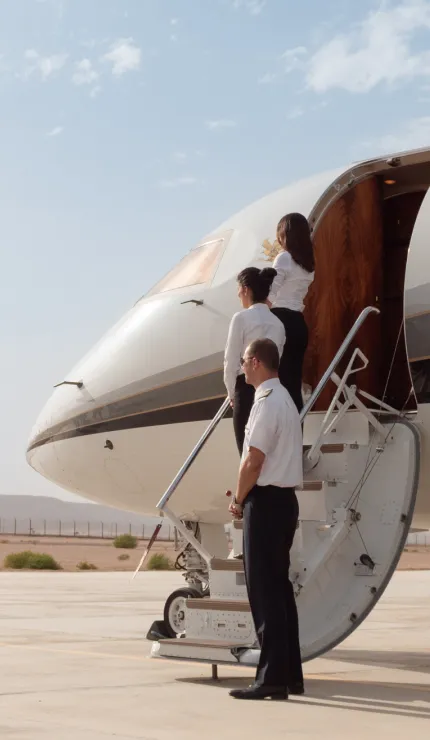 Two flight attendants and a pilot boarding a private jet 