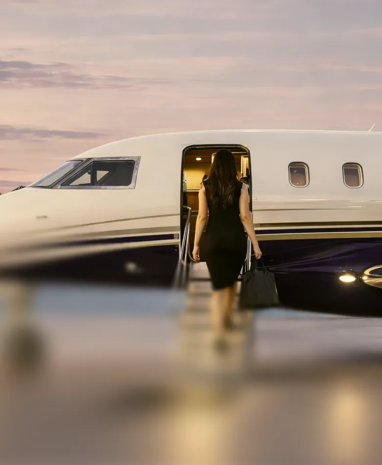 Woman in black dress boarding a private jet at sunset holding a handbag.