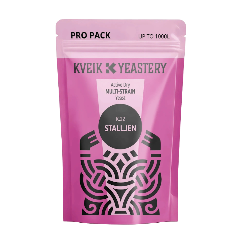 Pink Kveik Yeastery Pro Pack pouch of K.22 Stalljen multi-strain active dry yeast for brewing.