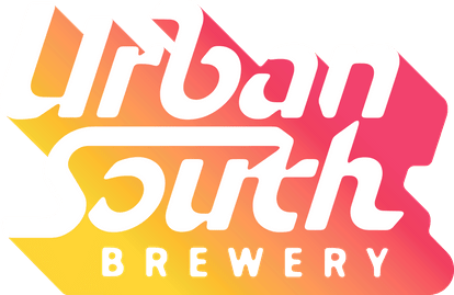 Urban South Brewery logo with white text on an orange to pink gradient background.