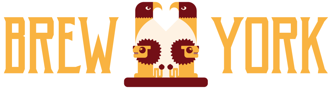 Brew York logo with stylized dual-headed eagle in yellow and maroon between the words.