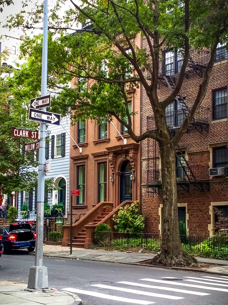 Street intersection with brownstone buildings, large tree, street signs for Clark St and Willow St.