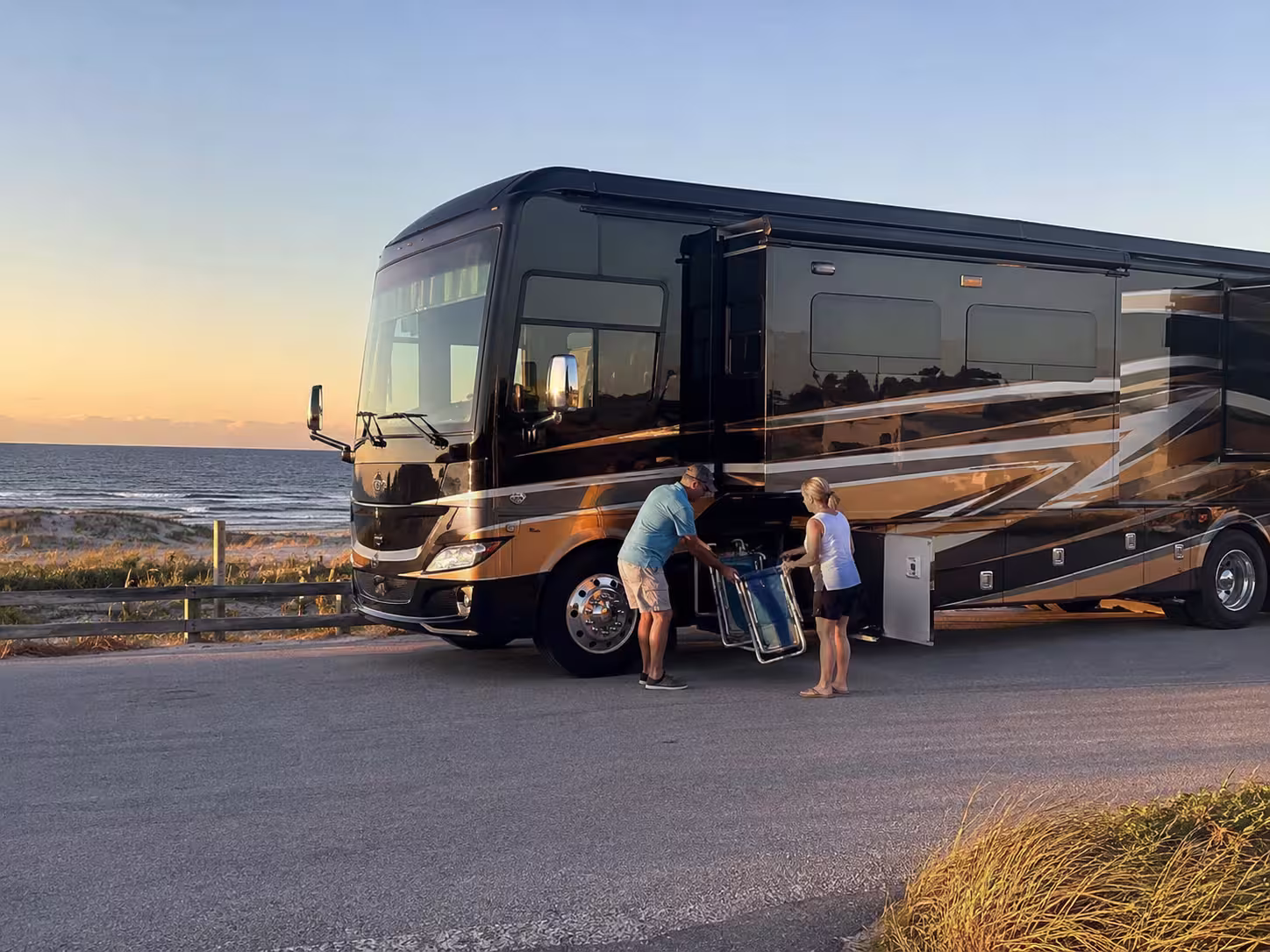Luxury Class A motorhome parked near a Nags Head beach in the Outer Banks