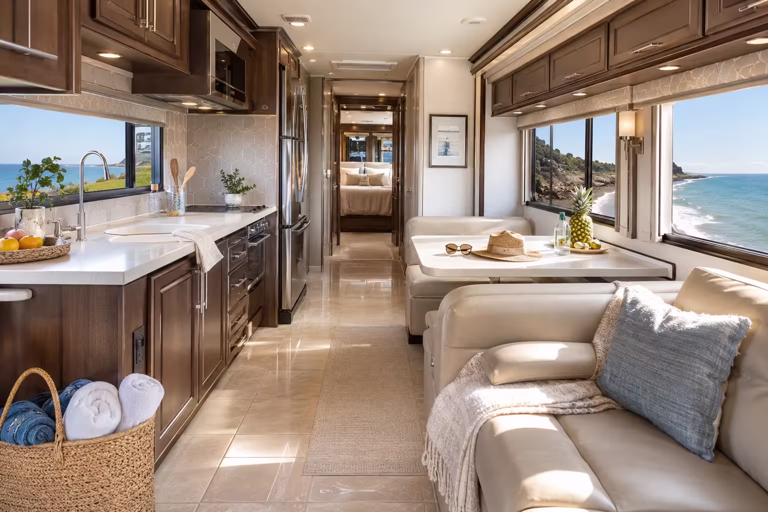Luxury Class A RV interior with slide-out and full kitchen for an Outer Banks trip