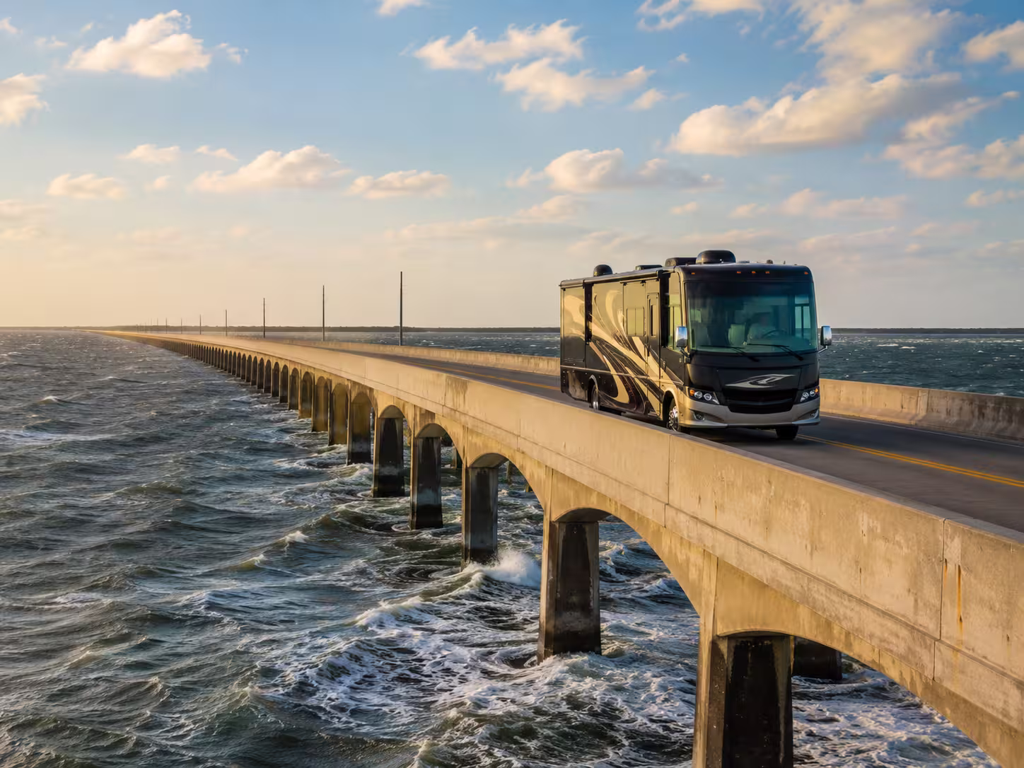 Class A motorhome crossing an Outer Banks bridge on a windy day