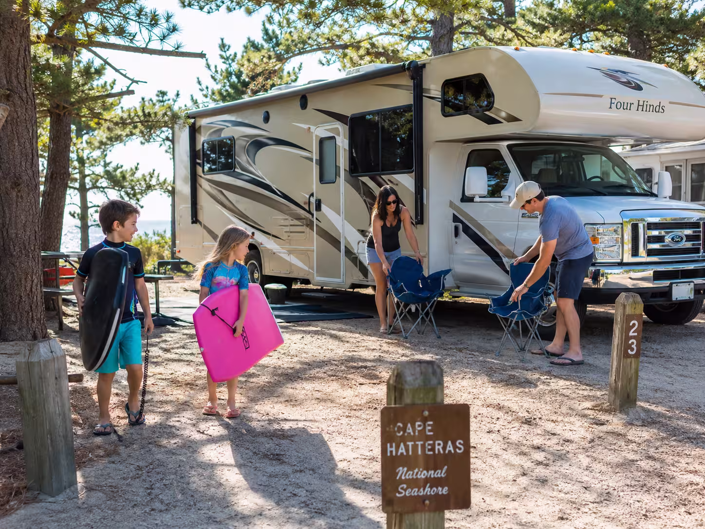 Family with a Class C motorhome at a Cape Hatteras campsite