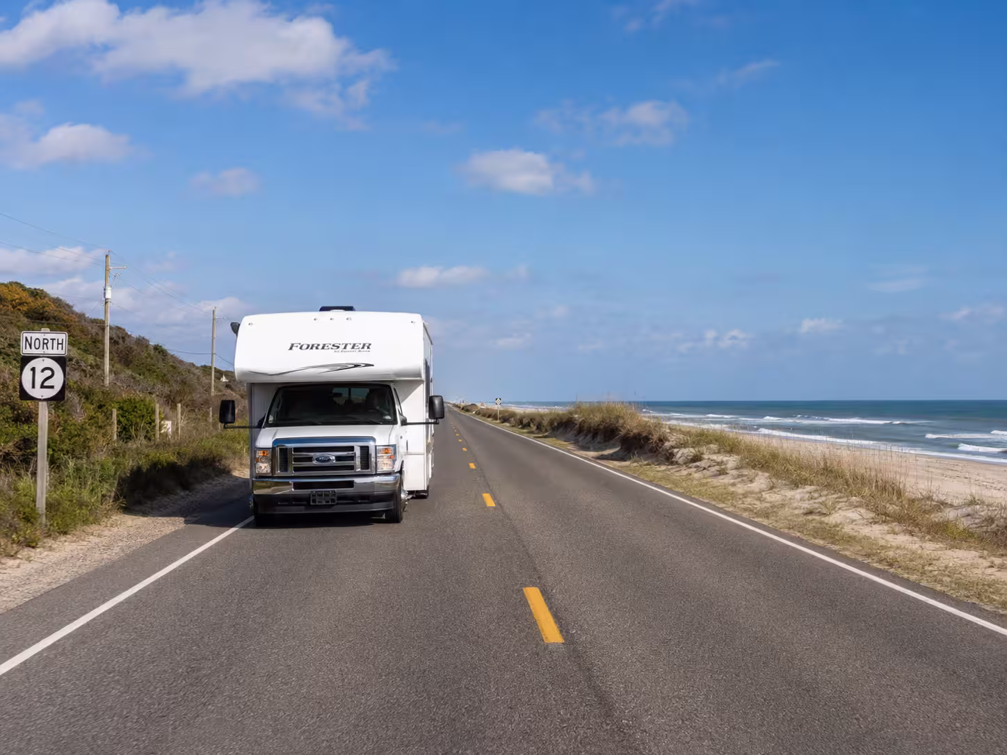 Class C motorhome driving NC-12 on the Outer Banks