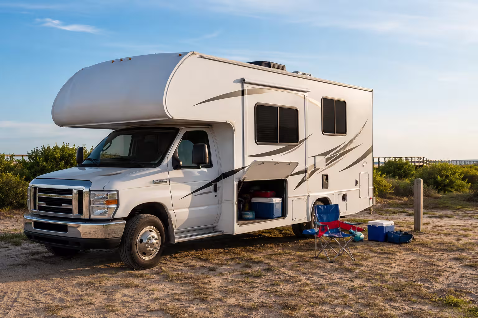 Motorhome with open storage at an Oregon Inlet campsite, OBX