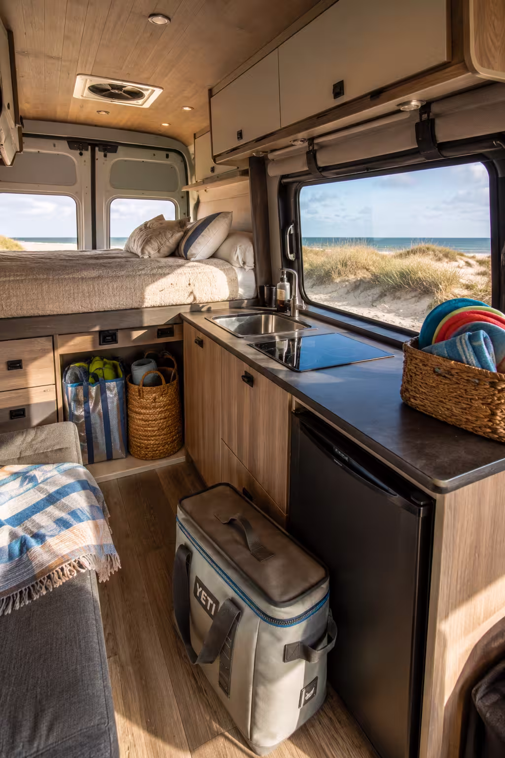 Small RV interior kitchen setup for a couple on the OBX