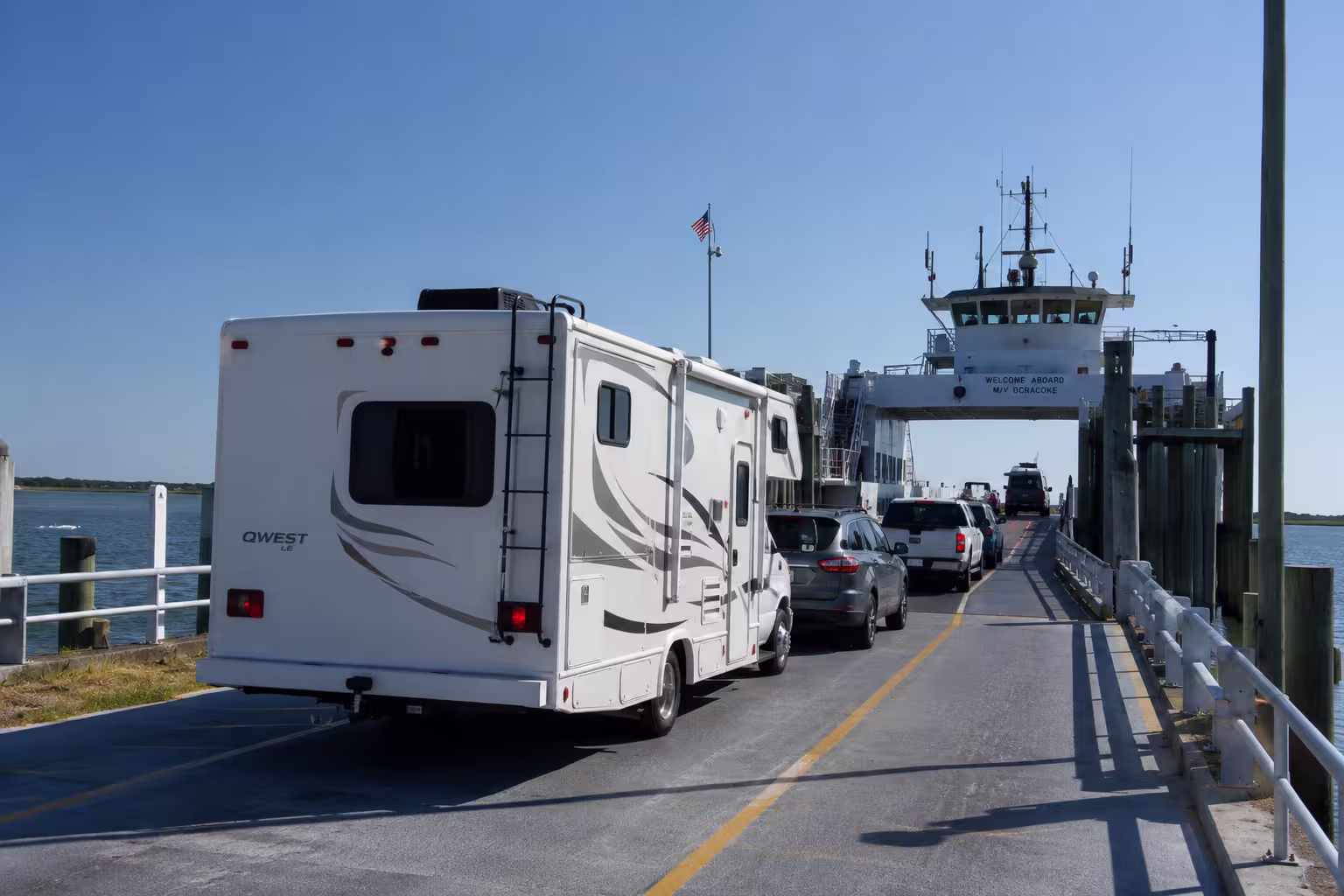 Small RV waiting for the Ocracoke ferry in the Outer Banks
