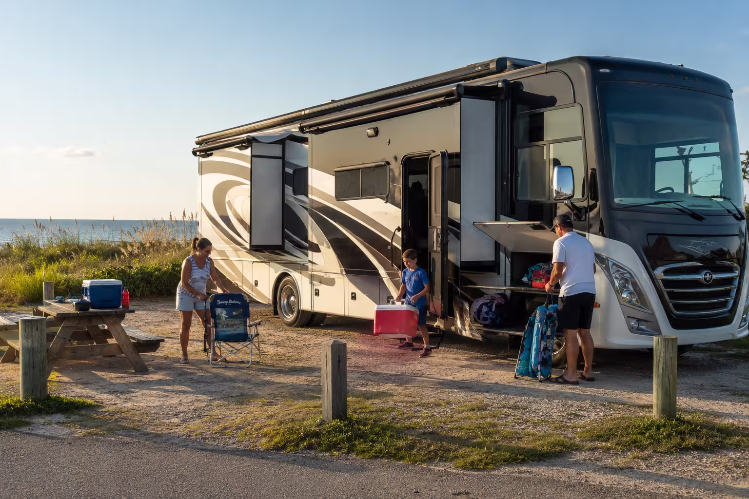 Large Class A motorhome at an oceanfront RV site near Nags Head, Outer Banks