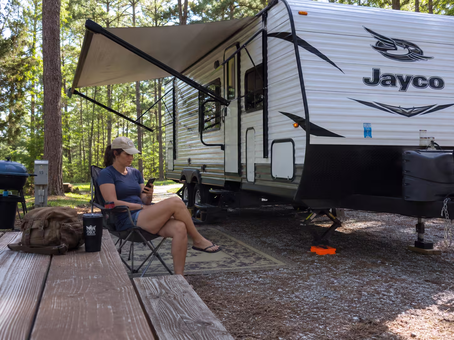 Travel trailer RV rental in Outer Banks, NC showing nightly rental prices