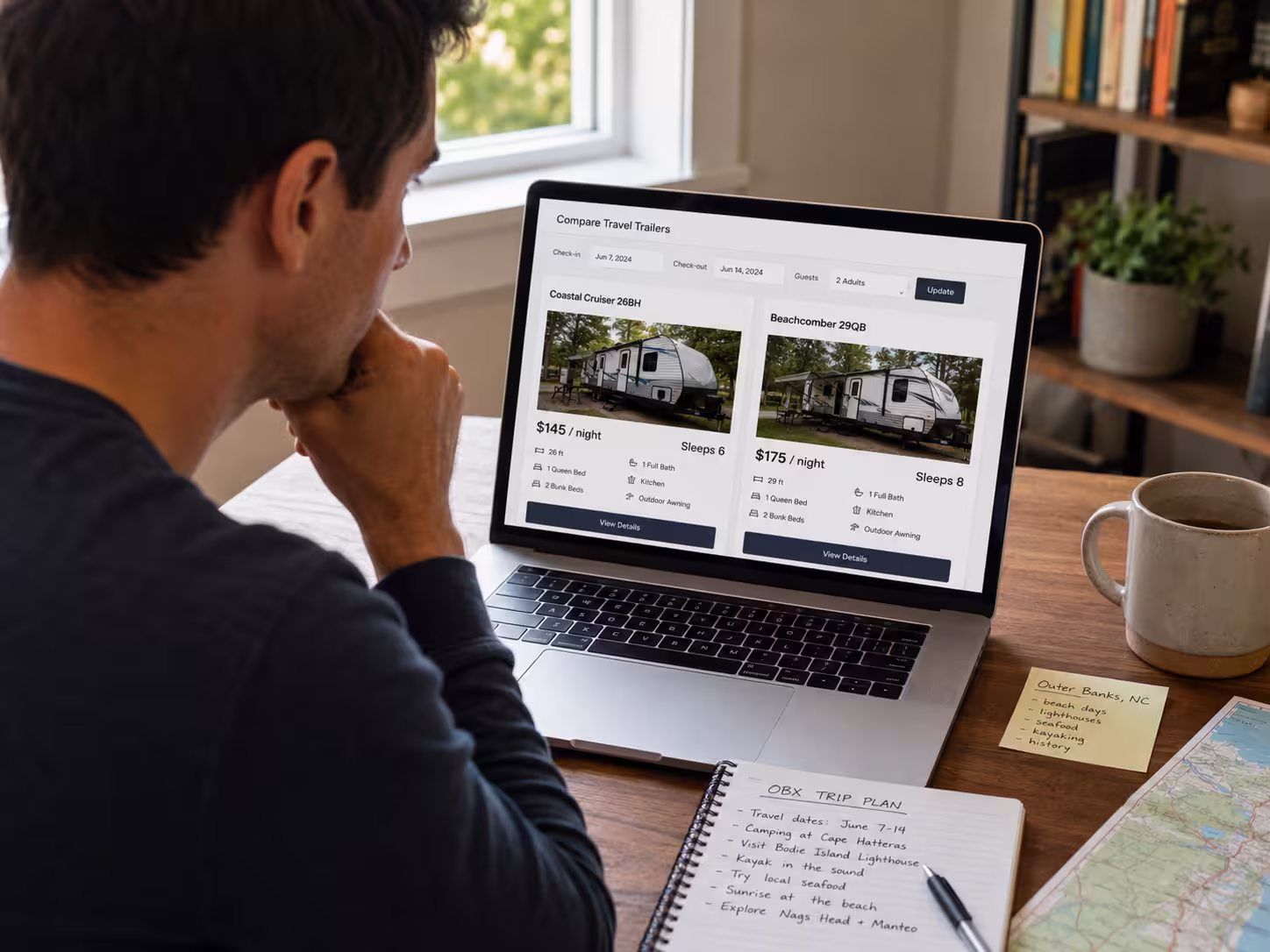 Renter comparing Outer Banks RV rental prices for two travel trailers in NC