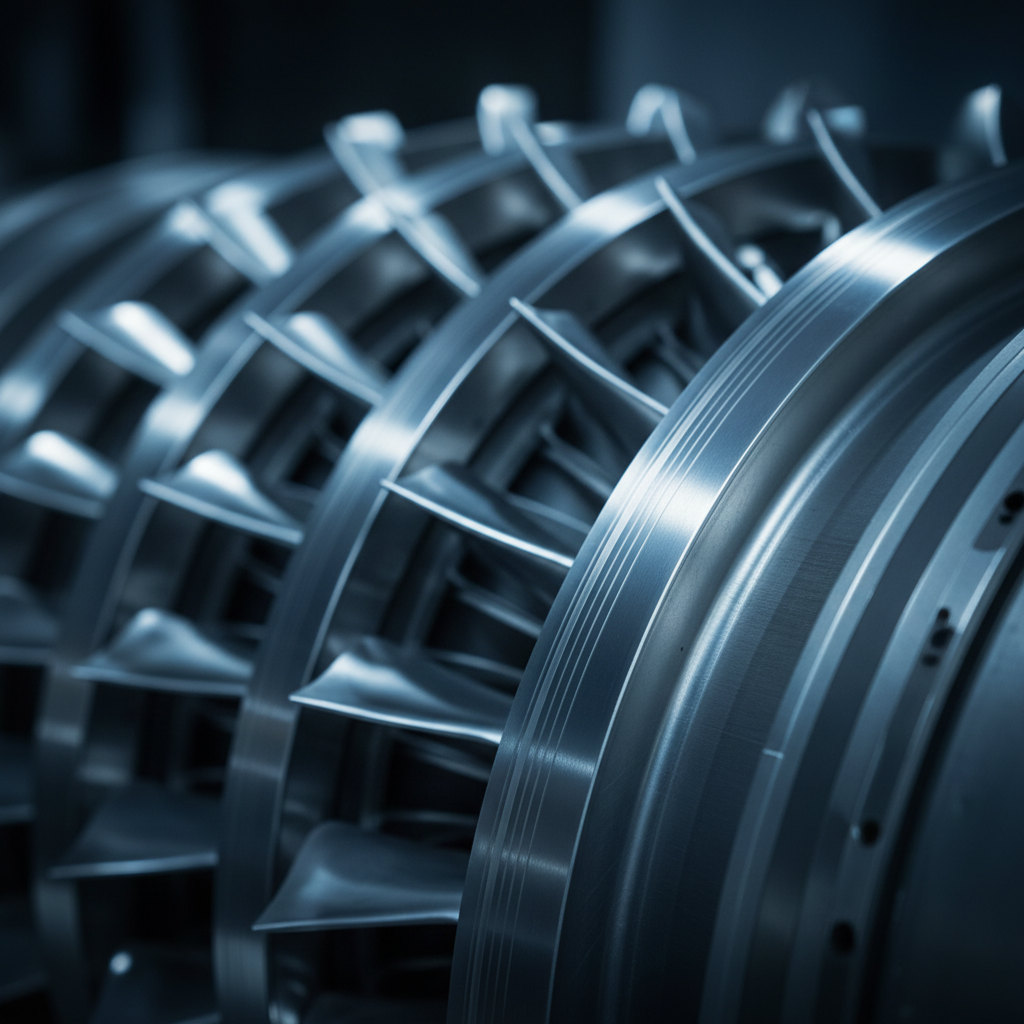 Close-up of machined turbine rings and blades for aerospace components