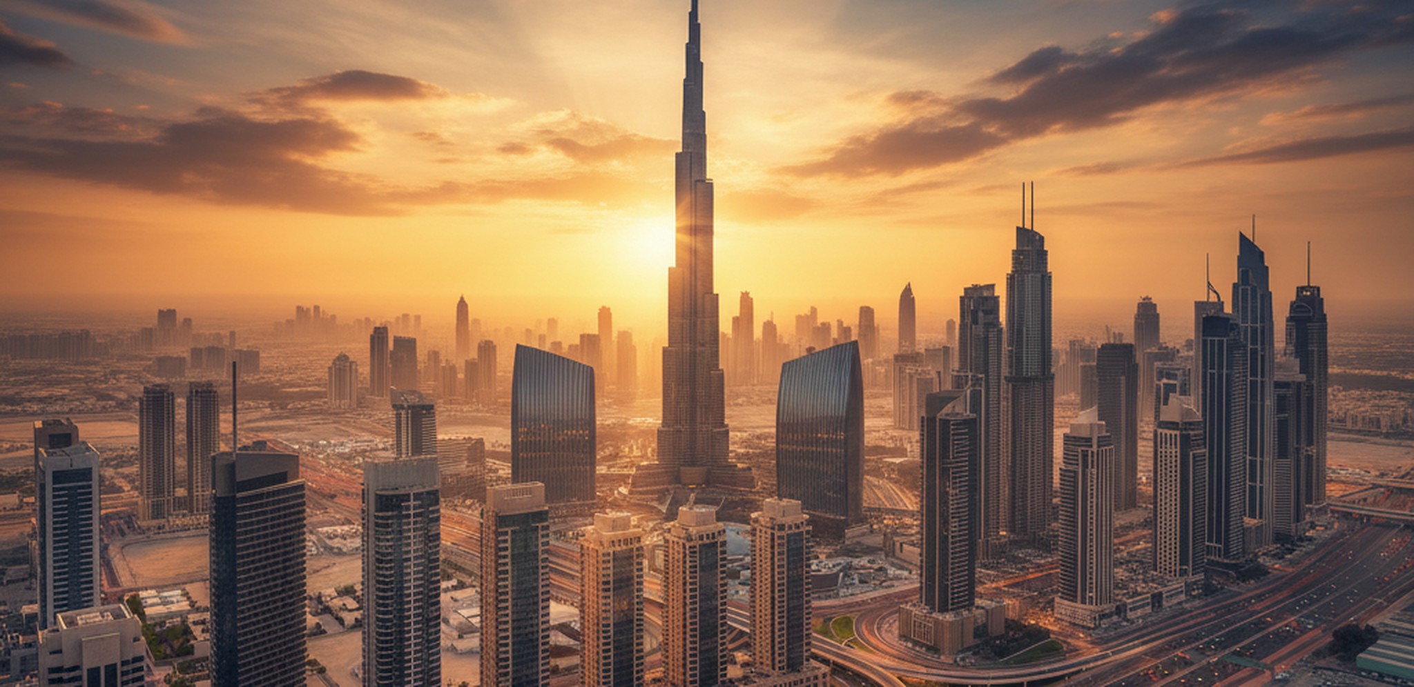 Dubai skyline with the Burj Khalifa and downtown towers at sunset
