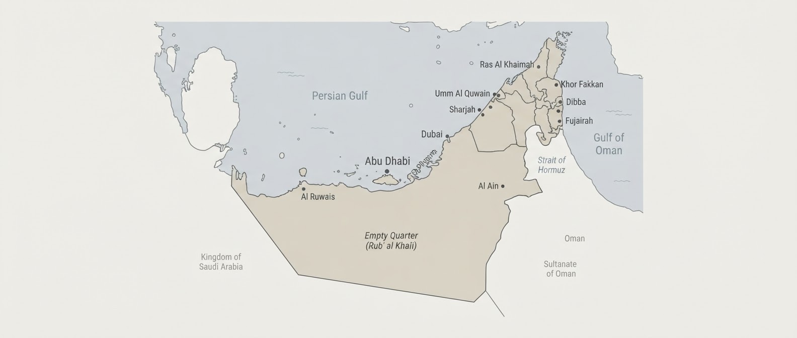 Map of the UAE showing Dubai, Abu Dhabi and the surrounding emirates