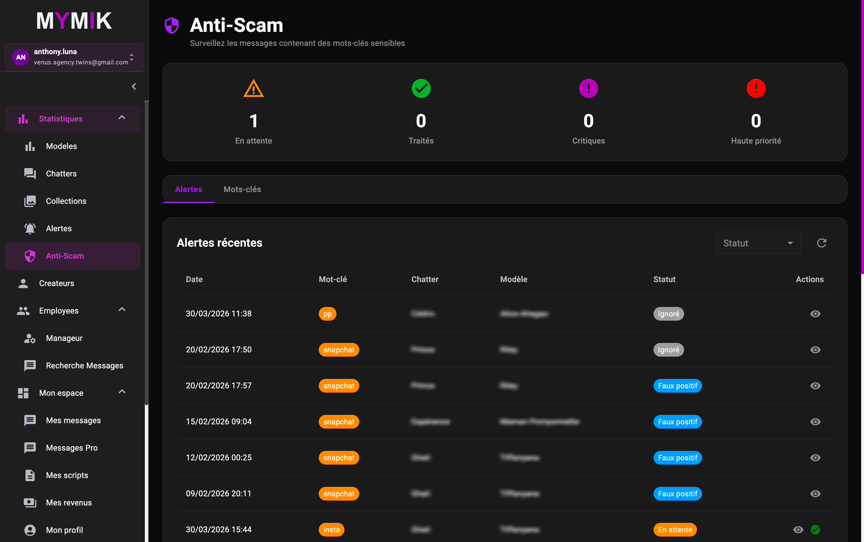 Fonctionnalité de protection anti-scam intégrée à la plateforme Mymik