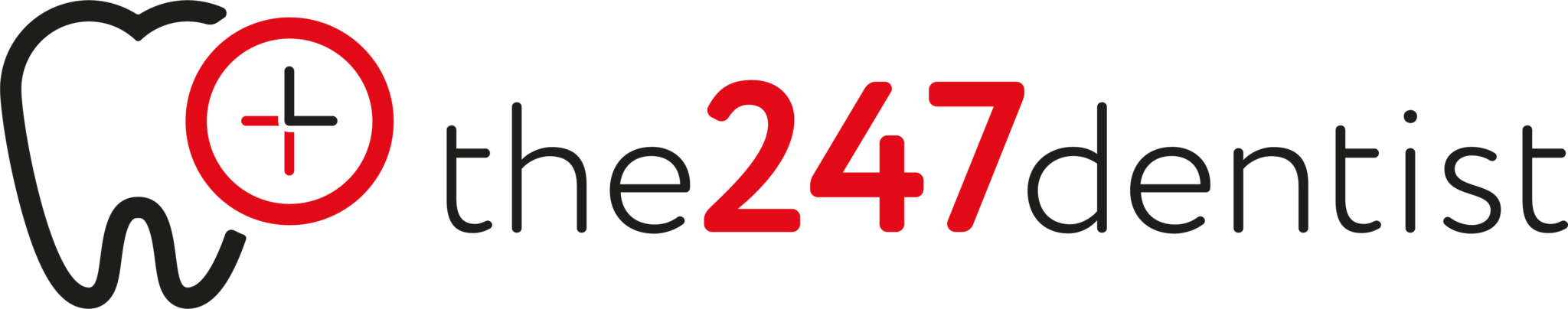 Logo with a tooth outline and red clock icon followed by the text 'the 24/7 dentist'.