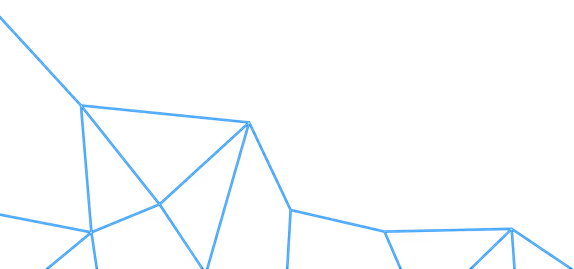 Blue geometric wireframe pattern with interconnected triangles on a black background in the bottom left corner.