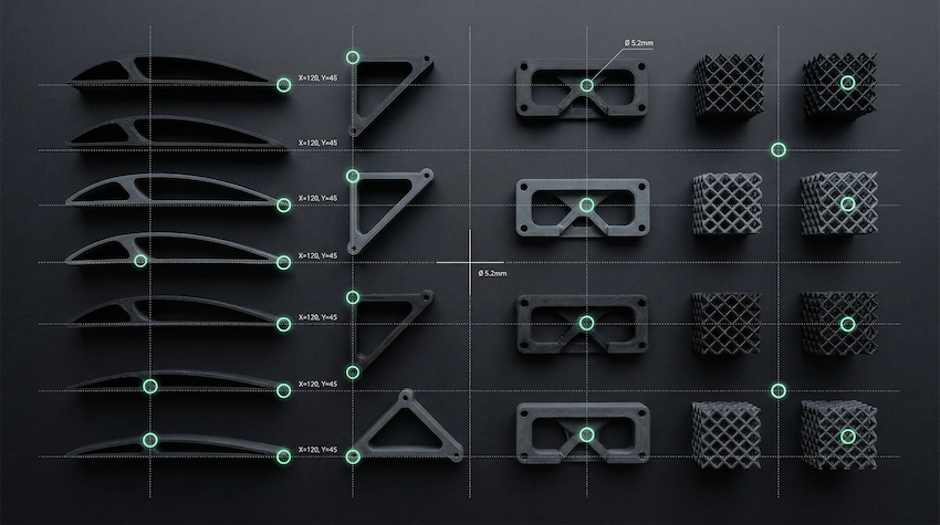 Top view of black mechanical parts and lattice cubes organized in rows and columns on a dark surface with digital measurement overlays.