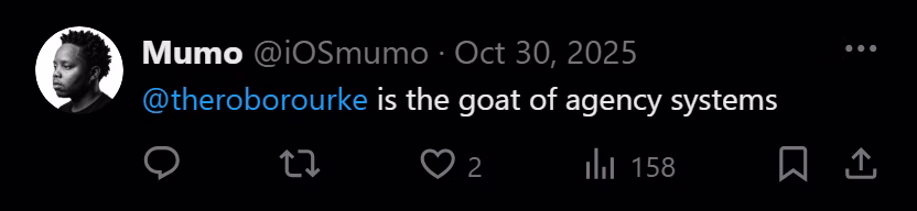 X post from Mumo: @theroborourke is the goat of agency systems
