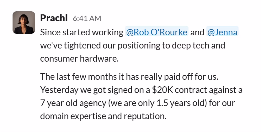 Slack message from Prachi Sethi: Since started working @Rob O'Rourke and @Jenna we've tightened our positioning to deep tech and consumer hardware.
The last few months it has really paid off for us. Yesterday we got signed on a $20K contract against a 7 year old agency (we are only 1.5 years old) for our domain expertise and reputation.