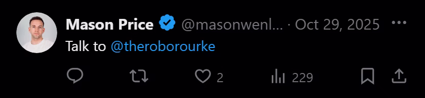 X post from Mason Price: Talk to @theroborourke
